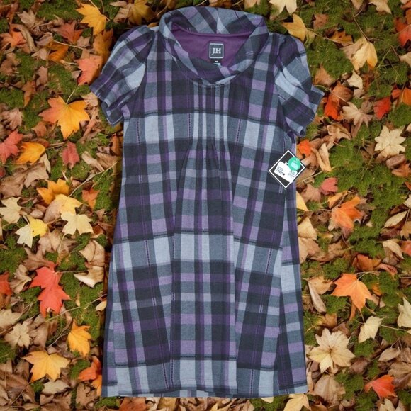 NWT JH Purple Gray Plaid Cowl Neck Sweater Dress Size Petite Medium - Picture 1 of 6